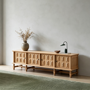 Rustic Oak Wood <b>TV</b> <b>Stand</b> with Embossed Panel Doors, Low Profile Media Console for Living Room - Product Image 1