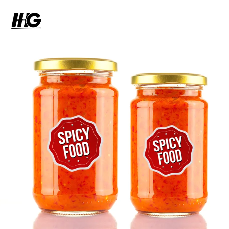 Atacado 100ml 200ml 350ml 400ml 500ml 650ml Round Glass Food Storage Jars Jam Honey Hot Sauce Garrafas com tampas de parafuso metálico