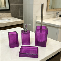Ensemble d'accessoires de salle de bain en résine transparente violette de luxe, 4 pièces : distributeur de savon, porte-brosse à dents, porte-savon, porte-brosse de toilette