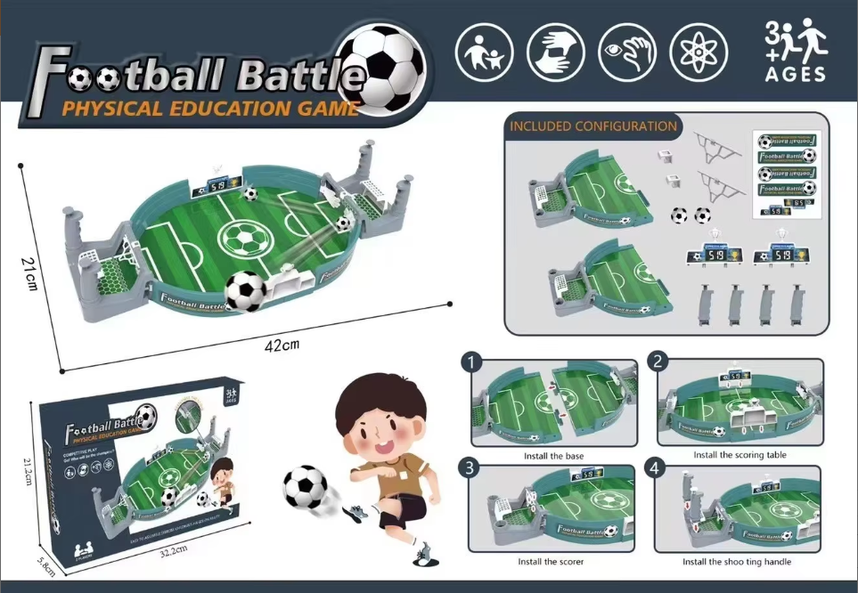 Mesa de futbolín verde [tamaño mediano] con 2 cajas de bolas de colores.