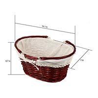 Cesta Decorativa de Armazenamento para Banheiro em Vime Oval Trançado à Mão com Acabamento em Mogno, Forro de Algodão Bordado Floral e Detalhes em Renda de Crochê