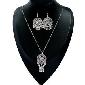 Ethnic <b>Silver</b> Plated Jewelry <b>Set</b> Tassel <b>Necklace</b> And Earrings With Colorful Inlay For Women Everyday Wear - Product Image 5