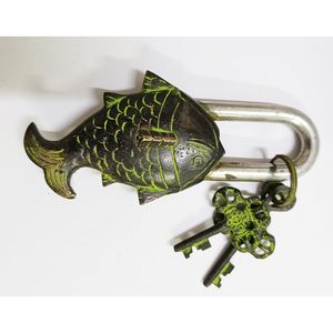 PARIJAT Handicraft Mini Brass <b>Padlocks</b> Functional with Two Keys Beautifully Ornate Fish Monastery Lock Vintage Natural Patina - Product Image 2