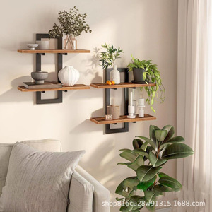 Étagère murale rectangulaire en fer et bois à 2 niveaux, rangement durable pour salle de bain - Product Image 1