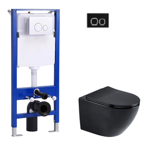 Système de support de réservoir mural dissimulé en céramique noire avec siège à fermeture douce pour cuvette allongée. - Product Image 1