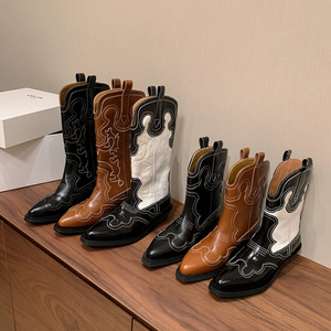 <span class=keywords><strong>Bottes</strong></span> de cowboy western rétro brodées à bout pointu, nouvelle collection Printemps-Été 2026, à talon épais, style Knight, mi-mollet, antidérapantes pour femme - Product Image 1