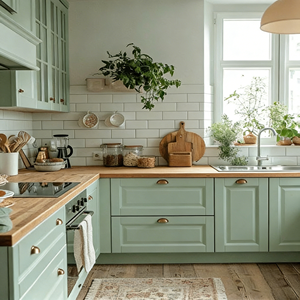 Gabinetes de Cocina de Madera Maciza Resistentes a la Humedad en Verde Menta con Encimera de Piedra, Fáciles de Limpiar, 5 Años de Garantía - Product Image 5