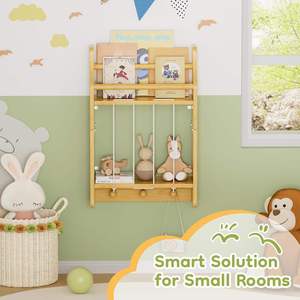 Estante de almacenamiento de madera para pared, para juguetes y libros de niños, con ganchos, organizador de 3 niveles para habitación infantil - Product Image 3