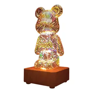 Colorido oso decorativo LED noche luz variable 8 colores vidrio 3D fuegos artificiales oso lámpara