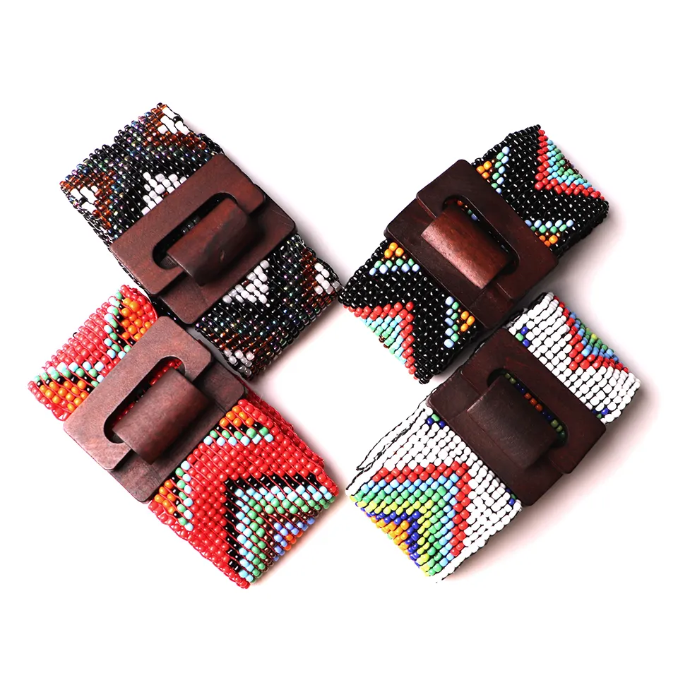 Hebilla de madera hecho a mano cinturones de cuentas indias cinturón de cuentas de moda