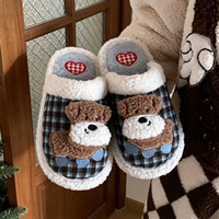 XIXITIAO 2026 Nouvelles pantoufles rétro en coton à blocs de couleur et à carreaux, unisexe, avec motif chiot mignon en peluche, chaudes pour l'hiver, pour couple, en fourrure