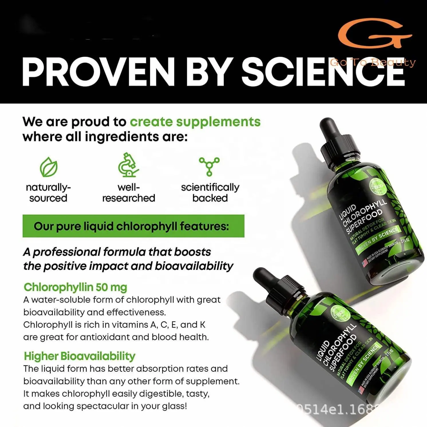 Gotobeauty OEM High Quality Chlorophyll Liquid Drops Immune Support Natural Detox Chlorophyll Herbal Supplements