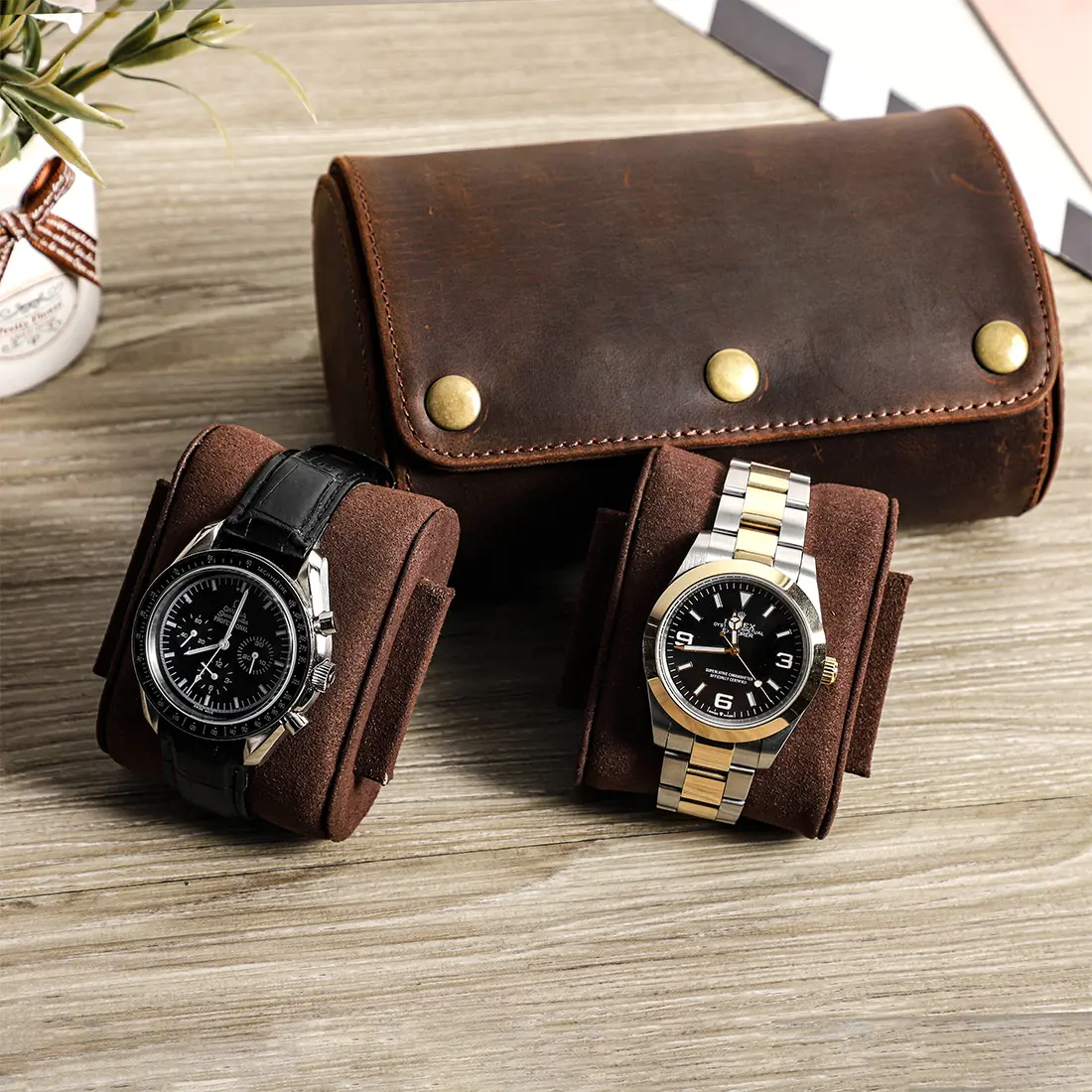 Portable 2 Slot Watch Display Case Organizer Real Leather Travel Watch Roll Case with Sliding Pillow