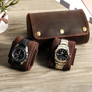 Portable 2 Slot Watch Display Case Organizer Real Leather Travel Watch Roll Case With Sliding Pillow