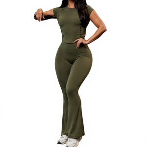 Olive <b>Green</b> 2 Piece Yoga Set Crew Neck <b>Crop</b> <b>Top</b> High Waist Full Length Seamless Solid Color Active Wear - Product Image 1
