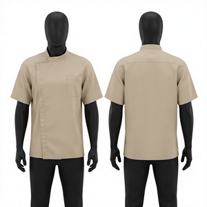 เสื้อแจ็คเก็ตช่างตัดผมแบบยูนิเซ็กซ์ ผ้าโพลีคอตตอนทวิลล์พรีเมียม 200 GSM สีเบจ แขนสั้น คอจีน ปักโลโก้ตามสั่ง ระบายอากาศได้ดี ลายนูน - Product Image 1