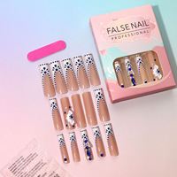 30pcs Kuku Palsu Panjang Bentuk Coffin Buatan Tangan Biru Putih Talavera 3D Bunga Berhias Rhinestone ABS Full Cover untuk Wanita
