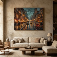 Tableau sur toile Paysage urbain Scène nocturne de rue de Paris Peinture à l'huile vintage Style Ville pluvieuse