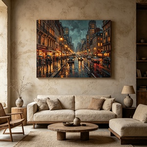 Tableau sur toile Paysage urbain Scène nocturne de rue de <span class=keywords><strong>Paris</strong></span> Peinture à l'huile vintage Style Ville pluvieuse - Product Image 2