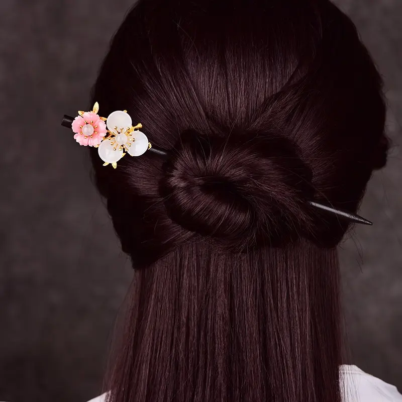 2022 nuovo fiore rosa di bellezza con bastoncino per capelli cinese antico in legno nero per capelli lunghi e spessi bastone per capelli cinese con forcina