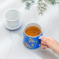 Tasse à thé en céramique de style chinois traditionnel avec couvercle, tasse à café en porcelaine fine, motif floral d'oiseaux, tasse à thé de bureau