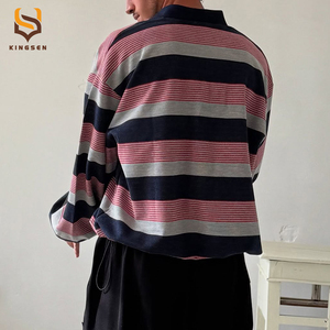 เสื้อโปโลผ้าฝ้ายปักลายสไตล์วินเทจทรงโอเวอร์ไซส์สำหรับผู้ชาย ผลิตตามสั่งจากโรงงาน  ลายทางแบบเสื้อรักบี้ แขนยาว - Product Image 2