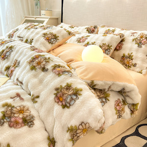 Parure de lit 4 pièces en velours de lait double face épaissi pour l'hiver, style coréen 400TC, avec <span class=keywords><strong>housse</strong></span> de couette et drap-<span class=keywords><strong>housse</strong></span> en polaire corail patchwork - Product Image 2