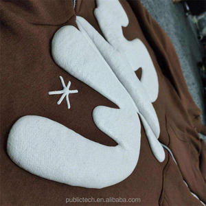 เสื้อฮู้ดดี้สีน้ำตาลแบบซิปเต็มตัว ผ้าคอตตอน 100% หนานุ่มพิเศษ ขนาดใหญ่พิเศษ สไตล์สตรีทแวร์ รับสกรีนโลโก้ตามแบบ พิมพ์ลายพัฟ - Product Image 3