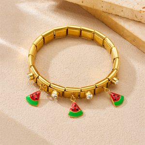 Fruit Series Gold Plated Bracelet With Strawberry Cherry Watermelon Avocado Charms Rhinestone Women's Jewelry Gift - Product Image 3