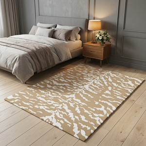 Tapis rectangulaire moderne en laine à imprimé animalier, beige et blanc, à poils plats, antidérapant, pour salon, avec envers en caoutchouc touffeté - Product Image 4