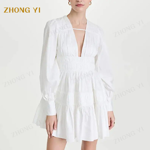 Tissu en coton personnalisé pour femmes, col en V avec poignets boutonnés, jupe en forme de ligne, mini tunique blanche froncée à manches longues, robes courtes décontractées - Product Image 1