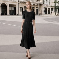 Ventes en gros de vêtements pour femmes, robe décontractée à manches courtes, robe de luxe en perles, robe élégante en tricot noir de haute qualité, robe midi
