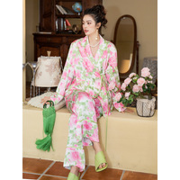 Ensemble de pyjama en soie glacée à manches longues et deux pièces Ethereal Garden, imprimé numérique de luxe, pour femmes, printemps/automne, été, hiver, doux