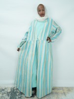 Abaya ouverte vert menthe de haute qualité, ensemble 2 pièces avec rayures verticales intérieures, manches longues, tenue modeste d'été pour femmes musulmanes
