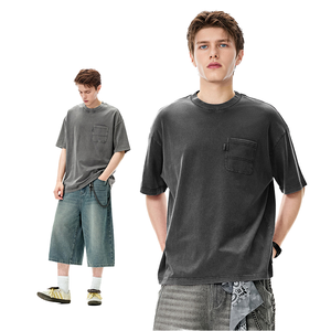 Chemise homme en coton 100% teint en pièce, coupe classique, col rond, style streetwear délavé à l'acide - Product Image 1