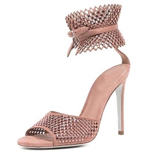 Sandalias de tacón alto de gamuza con correa al tobillo y diamantes para mujer, estilo peep toe, para verano y exteriores - Product Image 5