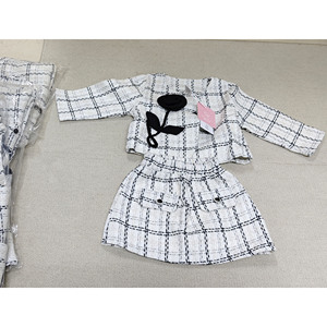 Ensemble robe fille printemps automne, col rond, à carreaux avec fleur rose + jupe courte, 2 pièces pour ensemble de vêtements fille - Product Image 2
