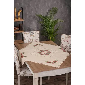 Mantel de mesa de café de lona cosido con cruz roja nórdica Buldan, rectangular, no tejido, con rayas bordadas, de algodón, para Navidad - Product Image 1