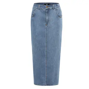 Venta al por mayor A-line Mujeres Long Straight Blue Black Washed Denim Falda Lady Jean Falda