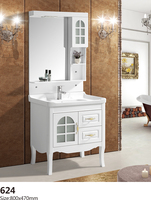 Meuble de salle de bain mural incurvé blanc brillant vintage personnalisé avec tiroirs de rangement, miroir et armoire latérale haute combinée