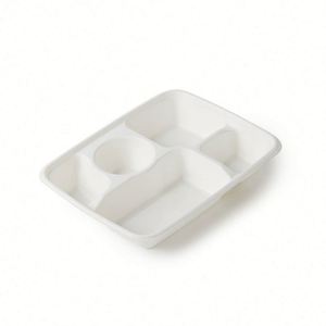 Assiette carrée biodégradable en bagasse blanche 350 ml avec 4/5/6 compartiments séparés, retournable, avec couvercle - Product Image 2