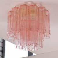 Lustre chromé traditionnel de style Murano du milieu du siècle Verres givrés blancs de couleur rose Plafonnier affleurant