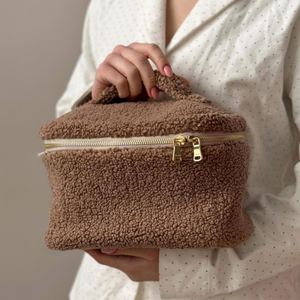 Teddy Plush Eco-Friendly Makeup Bag Custom Winter Soft Handle Zipper Closure Cosmetic <b>Storage</b> Organizer Large Sherpa for - Product Image 1
