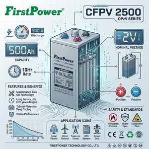 Batterie solaire FirstPower 2V 500Ah, cellules solaires au plomb-acide scellées, utilisée pour les alarmes incendie, les dispositifs de sécurité et les instruments électroniques. - Product Image 3