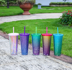 2026 Luxury Iridescent Sequin Glitter Straw <b>Cup</b> Wholesale Custom Logo Double Wall <b>Reusable</b> Plastic Tumbler Holographic Water Bot - Product Image 2