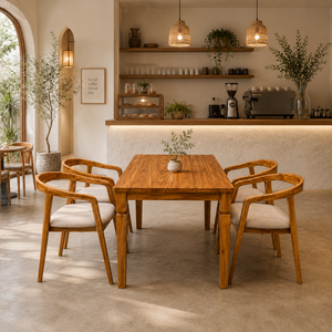 Juego de Comedor de Madera de Teca Nórdica, Sillas Tapizadas Curvas, Muebles de Madera Maciza Ecológicos y Duraderos para el Hogar, Salas de Estar y Cafés - Product Image 1
