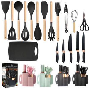 Ensemble de couteaux de cuisine en silicone 19 pièces OEM/ODM avec manche en bois, planche à découper et bac de rangement spécial incluant spatules et ustensiles - Product Image 4