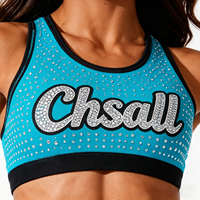 Atasan Desain Sambungan Kain Cetak dengan LOGO, Kemeja & Atasan Custom Berhias Rhinestone, Seragam Latihan Cheerleading Biru, Celana Pendek