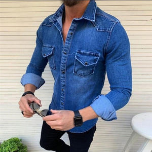 Primavera autunno <span class=keywords><strong>Jeans</strong></span> da <span class=keywords><strong>uomo</strong></span> a maniche lunghe camicie in Denim da <span class=keywords><strong>uomo</strong></span> in morbido cotone due tasche <span class=keywords><strong>camicia</strong></span> in Denim <span class=keywords><strong>Slim</strong></span> Fit - Product Image 4