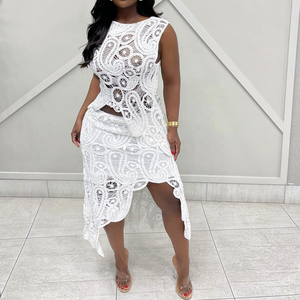 Elegante <span class=keywords><strong>moda</strong></span> Sexy vedere attraverso il lavoro a maglia senza maniche irregolare Crop Top lungo Maxi uncinetto due pezzi Set 2 pezzi Set donna - Product Image 2